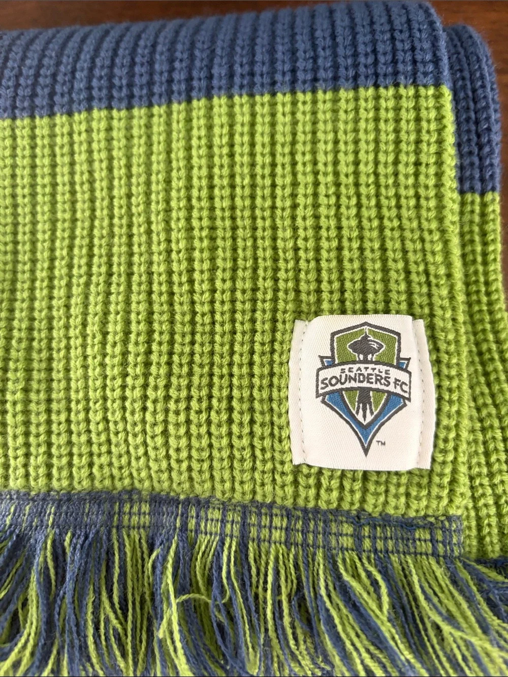 Seattle Sounders Green and Blue Striped Knit Thick Scarf with Fringe